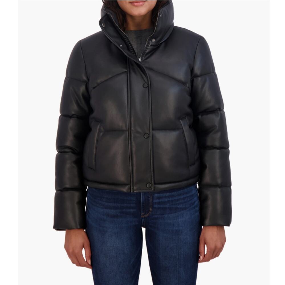 New SEBBY Nordstrom Women's Black Short Faux Leather Puffer Jacket Size XS